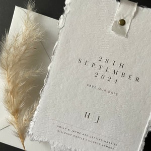 Save The Date Torn Edge Cotton | Handmade Paper Wedding Stationery | White | Modern Wedding | Invitations | Mono | Wedding Stationery