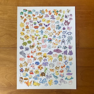 Kanto Pokémon (Pokemon Red e Blue) Pôster tamanho A4 Pokédex completo | Arte de videogame fofa | Decoração de parede