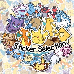May include: A selection of colourful cartoon character stickers, including Pikachu and Charizard. The stickers are arranged in a circular pattern with the text "Sticker Selection" in the centre.
