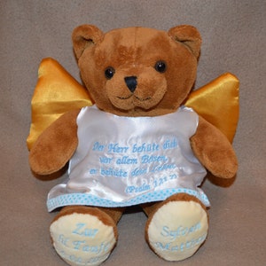 Schutzengel Teddy mit Namen und Daten bestickt Bild 3