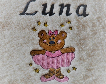 Towel embroidered with a cute teddy in ballet dress and name