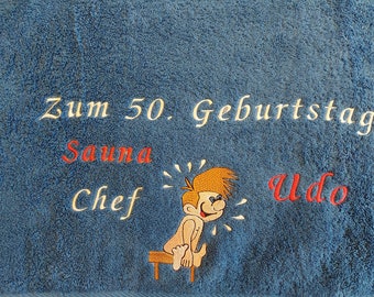 Grande serviette de sauna brodée d'un motif et d'un nom