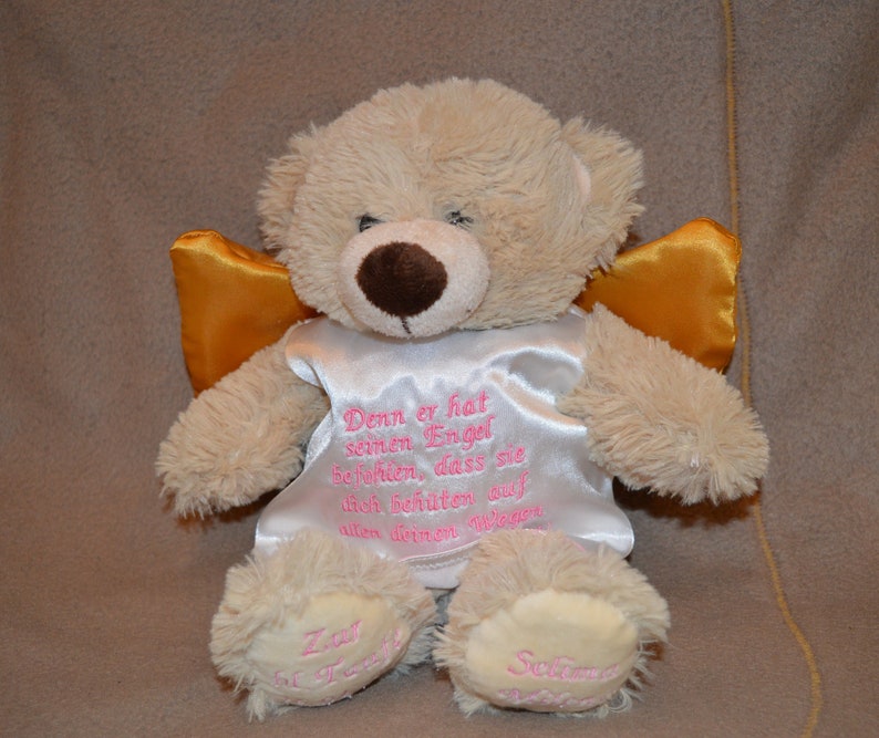 Schutzengel Teddy mit Namen und Daten bestickt Bild 7