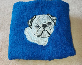 Towel, shower towel embroidered with a pug / dog and name