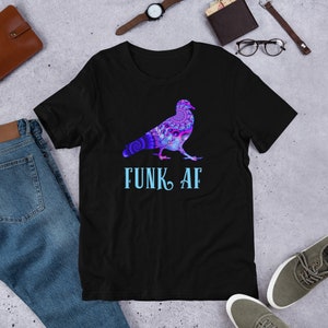 May include: Black t-shirt with a purple and blue bird graphic and the text "FUNK AF" in blue.