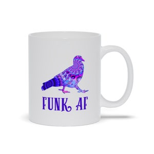 May include: White ceramic mug with a purple and pink bird silhouette and the text "FUNK AF" in purple.