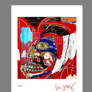 Könnte beinhalten: Abstrakte Kunst mit einem ausdrucksstarken Gesicht in kräftigen Farben, hauptsächlich Rot, Blau und Gelb. Das Kunstwerk enthält eine Signatur und die Nummer 68/150. Der Stil erinnert an Streetart.