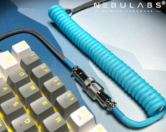BLUE & GRAY - Custom Coiled Aluminum Metal Braided Aviator GX16 USB-C Mechanical Gaming Keyboard Cable