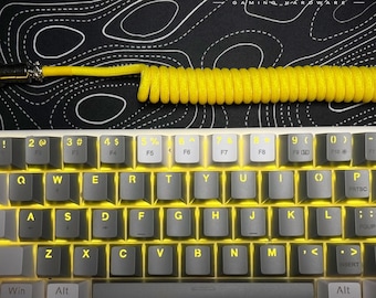 YELLOW & GRAY - Custom Coiled Aluminum Metal Braided Aviator GX16 USB-C Mechanical Gaming Keyboard Cable