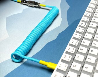 BLUE & YELLOW - Custom Coiled Braided Aviator GX16 USB-C Mechanical Gaming Keyboard Cable