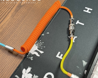 ORANGE & BLUE - Custom Coiled Aluminum Metal Braided Aviator GX16 USB-C Mechanical Gaming Keyboard Cable