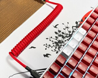 RED / GRAY - Custom Coiled Braided Aviator GX16 USB-C Mechanical Gaming Keyboard Cable