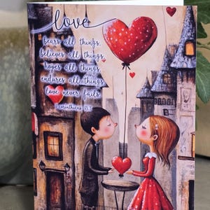 Carte de vœux pour la foi chrétienne au format A6 « L'amour supporte tout » 1 Corinthiens 13:7. Saint-Valentin, fiançailles ou carte de mariage.