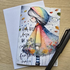 Carte de voeux de foi chrétienne A6 encourageante « Avec son amour, il calmera toutes vos peurs ». Montrez à quelqu'un que vous aimez.