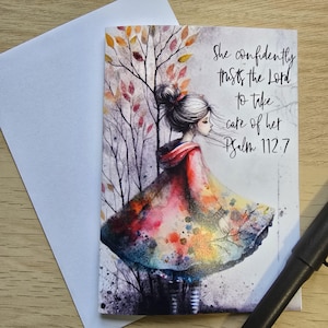 Carte de voeux encourageante pour la foi chrétienne « Elle fait confiance au Seigneur pour qu'il prenne soin d'elle » Psaume 112:7. Montrez à quelqu'un que vous aimez. Format A6