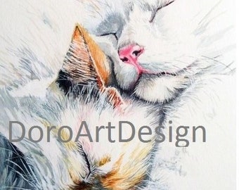 Kattenliefde - print van aquarel op aquarelpapier, reproductie, aquarel reproductie, print, kat, kitten, aquarel print