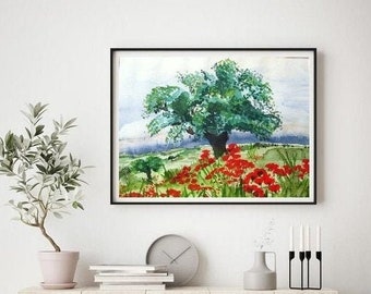 Olijfboom op papavergebied - waterverf, het schilderen, kunst, Toscanië, papaver, olijfboom, mediterrane, papavers