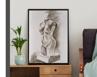 Drawing, unique, original, nude drawing charcoal - chalk, bust, black, brown, gray