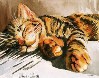 Kitten droomt - print van aquarel op aquarelpapier, reproductie, aquarel reproductie, print, kat, kitten, aquarel print