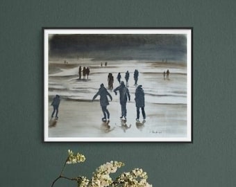 Patineurs sur le lac - dessin, dessin au fusain, dessin à la craie, grand format, automne, hiver