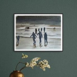 May include: A watercolor painting of a group of people walking on a beach in the evening. The sky is dark and the water is reflecting the light of the setting sun. The people are silhouetted against the sky and water.