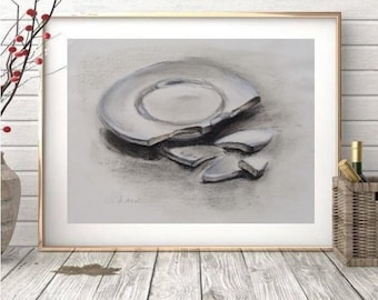 Charcoal drawing, unique, original, drawing, black, white, brown, gray, Plate, shards, broken plate