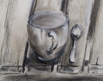 Charcoal drawing, unique, original, drawing, black, white, brown, gray, cup on a wooden table