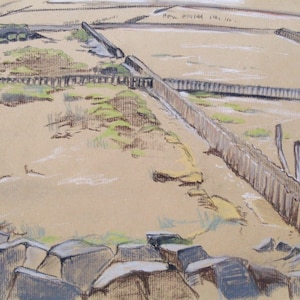 Drawing, original, charcoal drawing, chalk drawing, pastel, coast, landscape, salt marshes, maritime