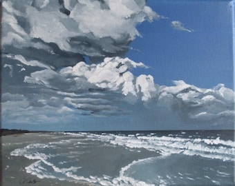 Voor de storm, kustlandschap, acryl schilderij, landschap, kust, zee, strand, wolken, golven, kustlandschap, zonsopgang,