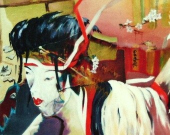 May include: A watercolor painting of a woman in a traditional Japanese kimono with a red sash and white flowers in her hair. The background is a blurred image of a Japanese garden with a red and gold building.