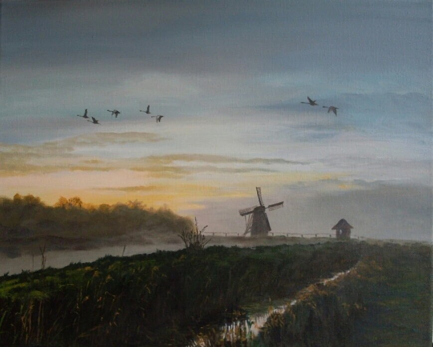 Tableau Peint Sur Toile Paysage Campagne Avec Moulin à Vent - Dimensions 30x45 Cm, Neuf