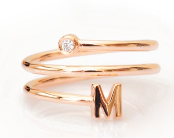 Spiralring, Buchstabe Diamant-Ring, Diamant-Anfangsring, Diamant-Buchstaben-Ring, erste Ring, personalisierte Ring, 14K Brief Diamant-Ring, Geschenk.