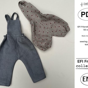 May include: A sewing pattern and tutorial for making dungarees for a 55 cm toy. The pattern is for basic dungarees and is part of the EFI Friends collection. The pattern is available in English.