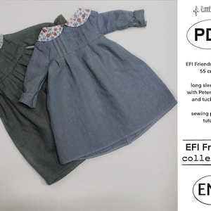 May include: PDF sewing pattern for a long-sleeved dress with a Peter Pan collar and tucked front for a 55 cm toy. The pattern is part of the EFI Friends collection. The image shows two dresses, one blue and one green.
