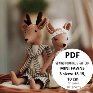 Peut inclure: Tutoriel de couture et patron PDF pour la réalisation de mini faons en peluche. Le patron comprend trois tailles : 18, 15 et 10 cm. Le patron comprend 90 pages et 100 photos.