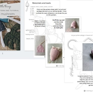 Puede incluir: Un patr&oacute;n de costura y un tutorial para hacer un peque&ntilde;o mu&ntilde;eco de hongo. El patr&oacute;n incluye instrucciones para hacer la tapa del hongo, el tallo y las branquias. El patr&oacute;n est&aacute; impreso en una hoja de papel blanca con texto negro. La imagen tambi&eacute;n muestra un mu&ntilde;eco de hongo terminado.