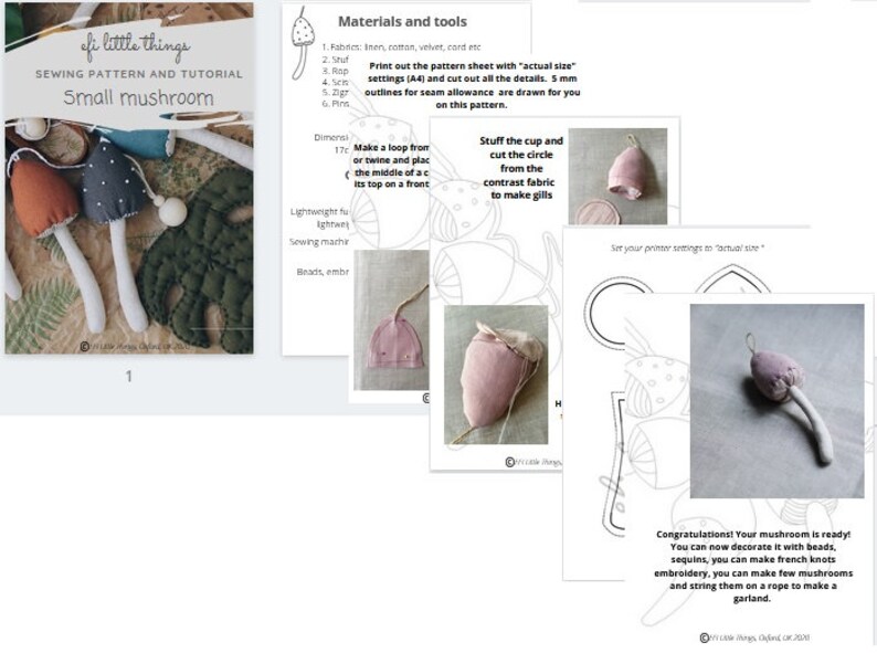 Puede incluir: Un patr&oacute;n de costura y un tutorial para hacer un peque&ntilde;o mu&ntilde;eco de hongo. El patr&oacute;n incluye instrucciones para hacer la tapa del hongo, el tallo y las branquias. El patr&oacute;n est&aacute; impreso en una hoja de papel blanca con texto negro. La imagen tambi&eacute;n muestra un mu&ntilde;eco de hongo terminado.