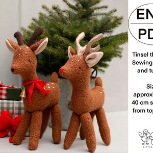 May include: A sewing pattern and tutorial for making a plush deer toy, called "Tinsel the Deer". The pattern includes instructions for making a 40-inch tall deer toy.