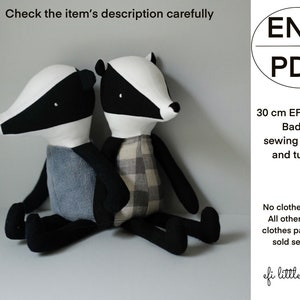 Bambola di pezza di peluche da 30 cm che realizza il cartamodello PDF e tutorial per cucire Badger