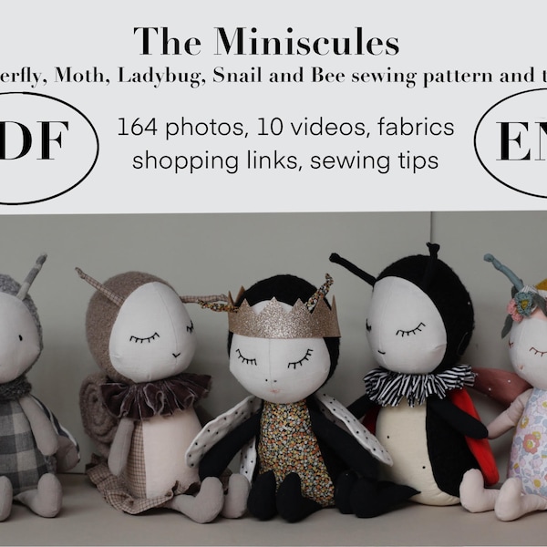 The Miniscules friends PDF sewing pattern and tutorial bundle of garden insects Bee, Ladybug, Butterfly, Snail, Moth soft toy making guide