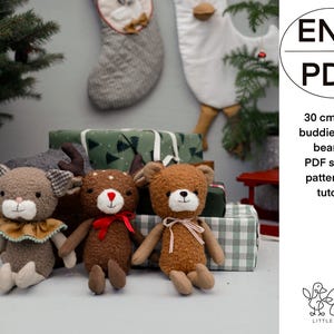 May include: A set of three 30 cm plush toy sewing patterns: a deer, a bear, and a cat. The patterns are in PDF format and include instructions for sewing the toys. The image shows the finished toys, which are all brown and have cute faces.