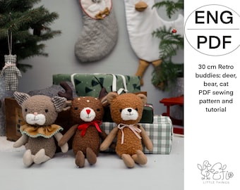 Retro Buddies Vintage Style Soft toy Teddy Bear, Deer, Cat soft toy PDF pattern and tutorial