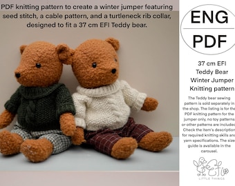 37 cm EFI Teddy bear knitted jumper with cable pattern and turtleneck rib collar PDF pattern Soft toys teddy bears dolls knitted warm jumper
