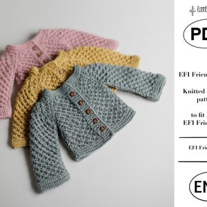 May include: Three knitted cardigans in pink, yellow, and green, designed to fit 55 cm EFI Friends toys. The pattern is available as a PDF download in English. EFI Friends 2.0.