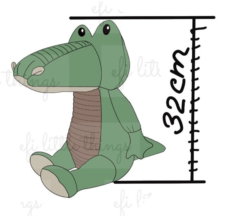 May include: Green plush crocodile toy sitting with its legs crossed. The toy is 32 inches tall.