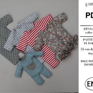 May include: PDF pattern and tutorial for a basic romper or swimsuit for 55 cm and 30 cm dolls. The image shows five different fabric options: gray with white polka dots, striped gray and white, red and white striped, floral print, and blue with a gray pocket. The text "EFI Friends collection" and "ENG" are also visible.