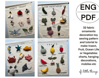 32 ornamenti in tessuto per creare schemi di insetti, frutta, verdura o oceano, decorazioni sospese, modelli PDF e tutorial per cellulari