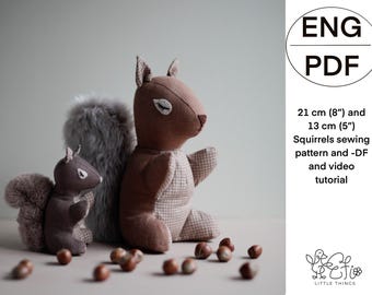 21 cm and 13 cm Squirrel soft toy doll making sewing PDF pattern and PDF and video tutorial