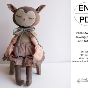 Peluche per bambola di pezza Miss Owl, modello PDF per cucire ed tutorial in PDF
