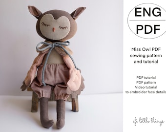 Miss Owl soft toy rag doll sewing PDF pattern and PDF tutorial